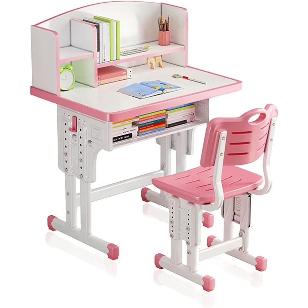 

Pink Ergonomic Kids Study Desk with Adjustable Height, Storage Drawer, and Built-in Bookshelf for Bedroom Furniture