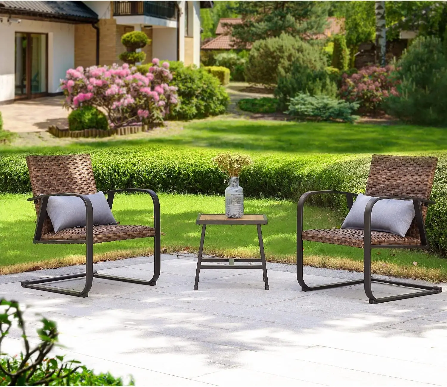 Patio Furniture Set,C-Spring Dining Chairs with Washable Cushion,Conversation Furniture,4D Air Fiber Cushion,Premium Rattan