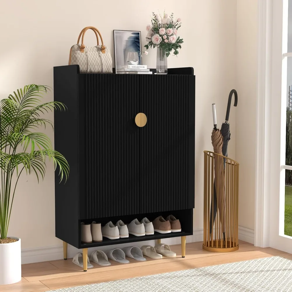 

contemporary 6-tier wooden shoe storage cabinet with fluted doors and adjustable shelves for entryway