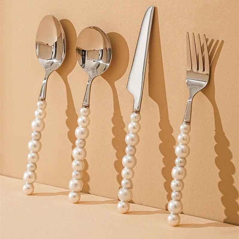 Europe Silver Fashion Pearl Cutlery Set 18/10 Stainless Steel Creativity Gift Flatware 304 Knife Fork Spoon Drop Shipping