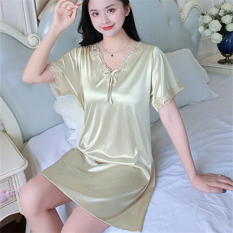 2024 New Women Nightgowns Satin Silk Sleepwear Soft Nightwear Lace Dress Sexy Lingerie Gown Robe Homedress Nightdress