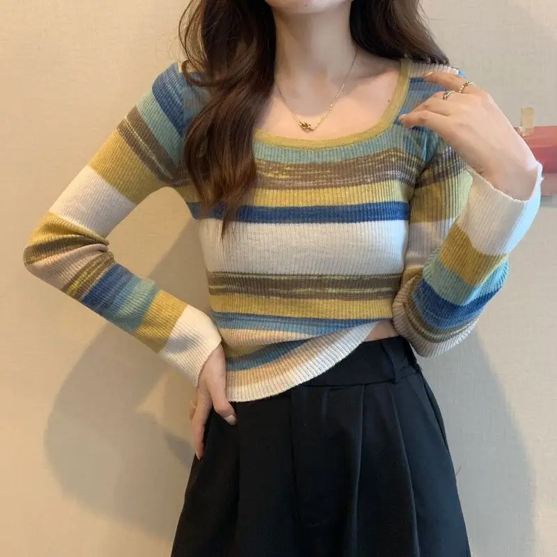 Women Clothing Fashion Rainbow Striped Knit Pullovers Autumn Casual All-match Square Collar Long Sleeve Sweater Elegant Slim Top