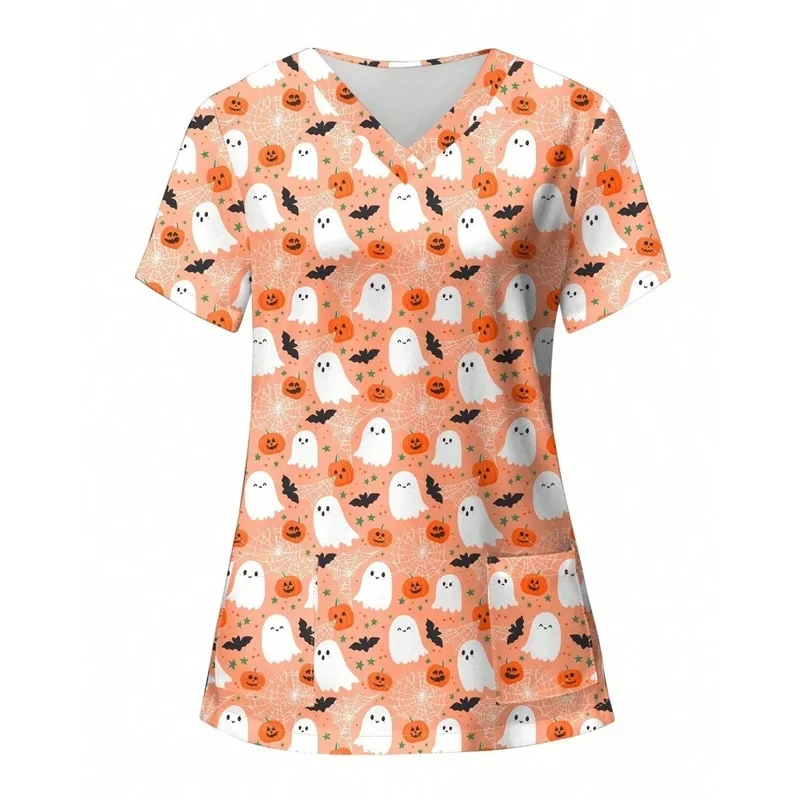 Halloween women's medical-themed printTShirt Little Ghost PatternVTie pocket medical staff work uniform