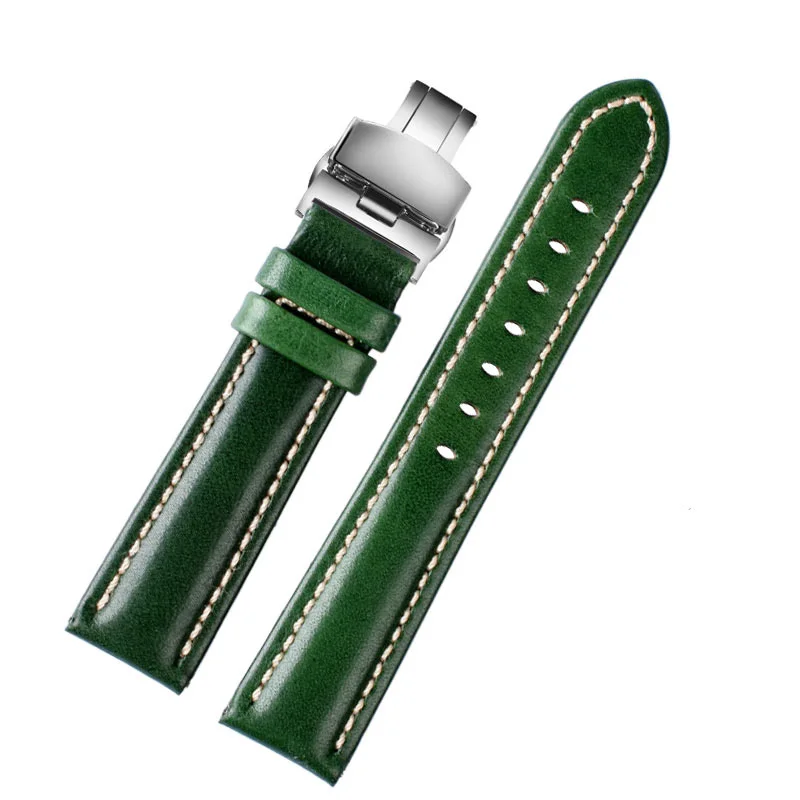 Weiches Rindsleder-Uhrenarmband mit Edelstahl-Schmetterlingsschnalle, 16 mm, 18 mm, 20 mm, 22 mm, grünes, glänzendes Band, Handgelenkgürtel, Unisex
