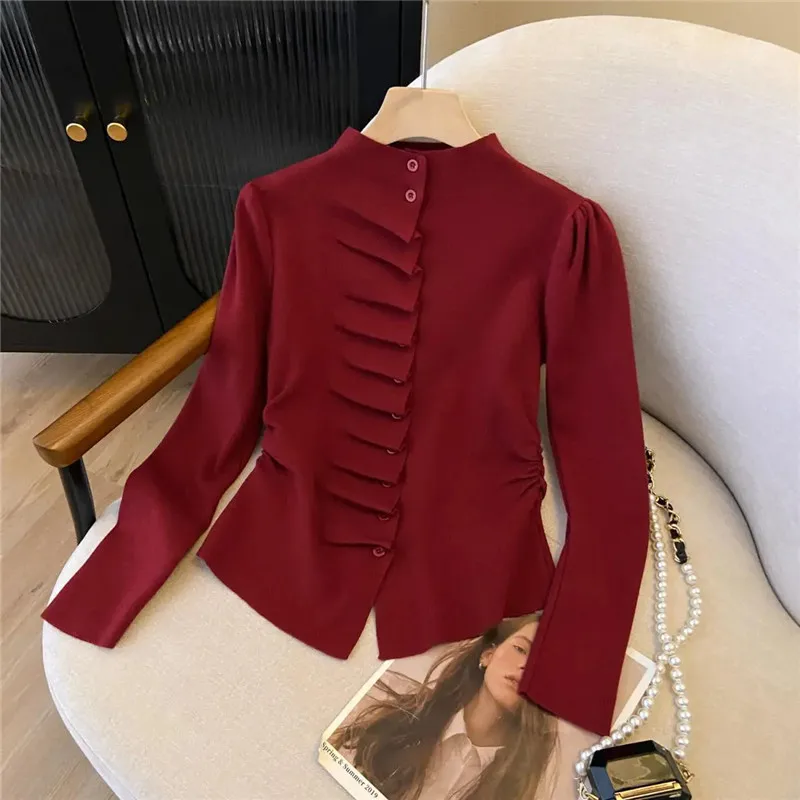 

Spring Autumn New Knitted Sweater Women Korean Fashion Half-High Collar Long Sleeves Cardigan Female Slim Knitwear Tops T1414