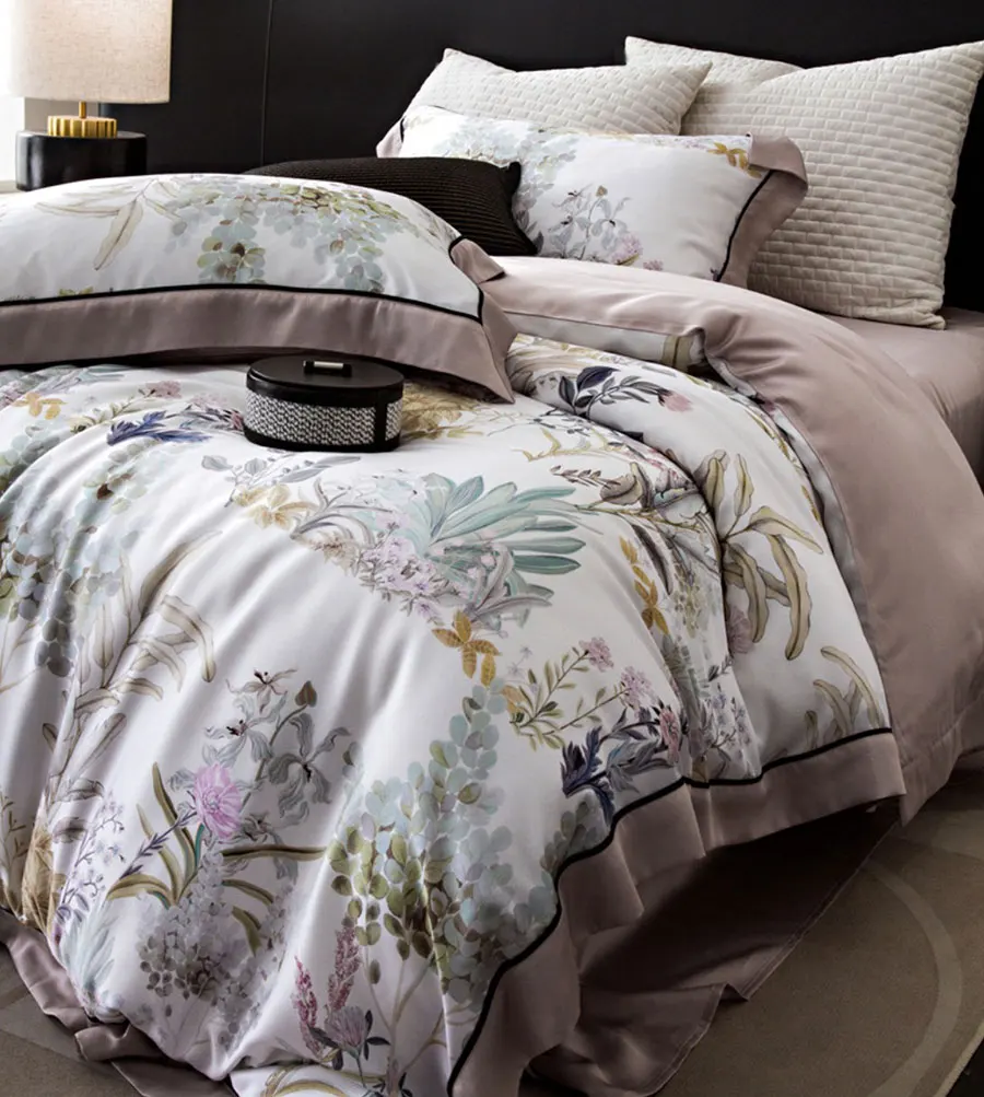 Traditional chinoiserie bamboo green bedding set,full queen king elegant purple home textile bed sheet pillowcase quilt cover