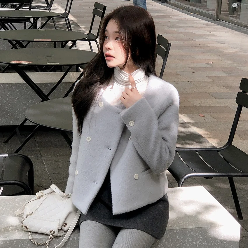 Chic décontracté laine Jaet femme Double boutonnage coton doublé ort haut Thiened Long Sve rond Ne couleur Pure trajet