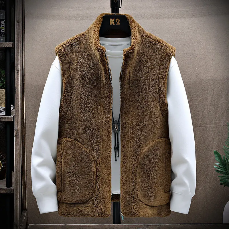 

Men's Autumn Winter Particle Fce Vest Korean Faion Versatile Leather Fur Inteated Double-Sided Wear Warm Stand Collar