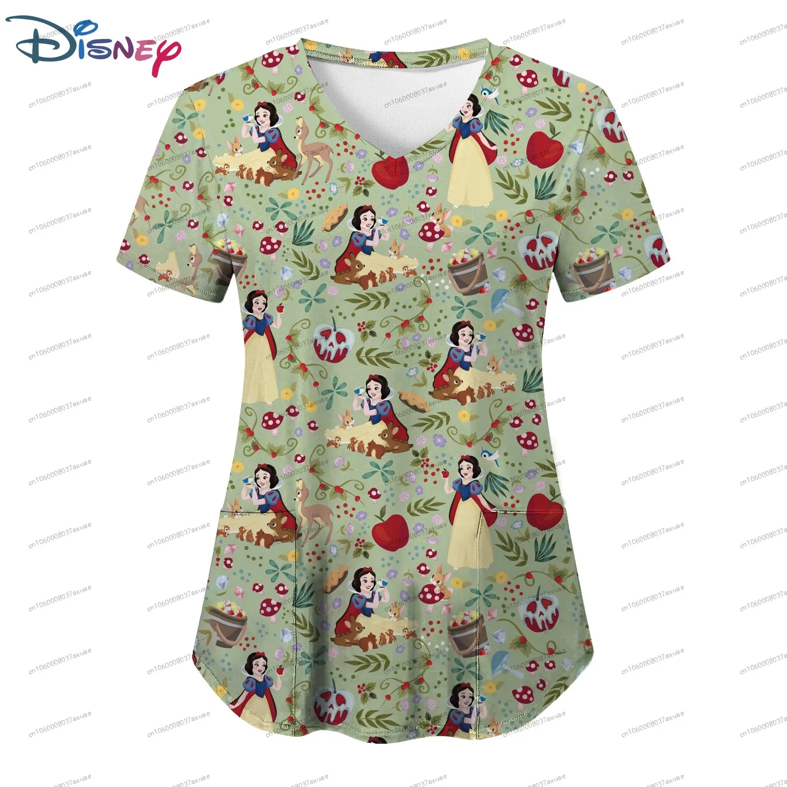Nueva Camiseta con Cuello en V para Mujer, Uniforme de Enfermera con Bolsillo, Vestido de Verano Y2K con Estampado de Dibujos Animados de Disney Blancanieves, Moda Kawaii 2026