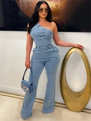 Streetwear Jeans One Shoulder Jumpsuits Summer Clothes 2025 Women Flare Pants Denim Rompers Playsuit One Pieces Overalls Outfits