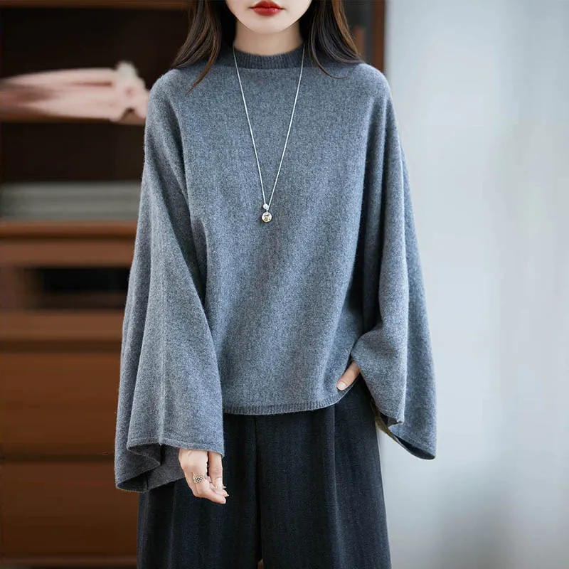 

Yoyoselect, женский свитер из 100% мериносовой шерсти с круглым вырезом и свободными рукавами, осенне-зимний шикарный пуловер, кашемировый трикотаж, топы