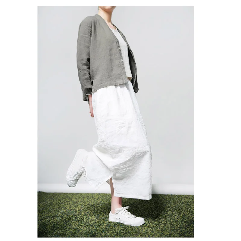 Fengbaoyu Linen Spring Summer Ladies Skirt White Elastic Waist Temperament Simple Fresh Young Girl Long Skirt Loose Women Dress