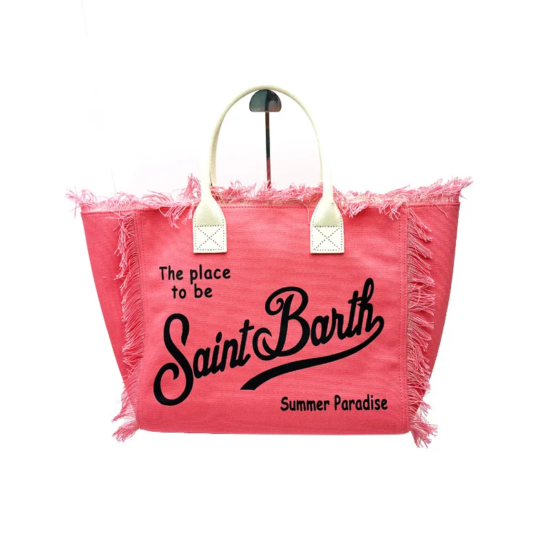 SAINT BARTH New women's high-capacity leisure travel striped plaid handmade tassel handbag