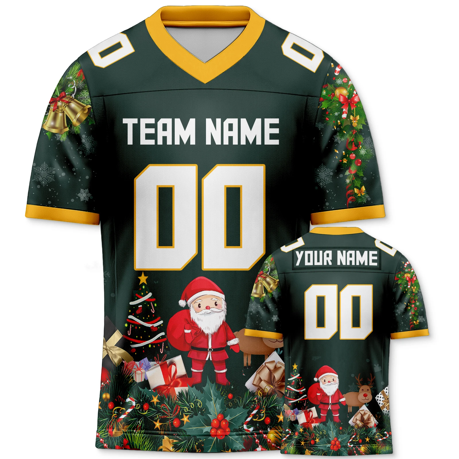 Green Christmas American Football Uniform Custom Team Name Number Football Shirt Festive Gift for Men Women Youth Kids Fans