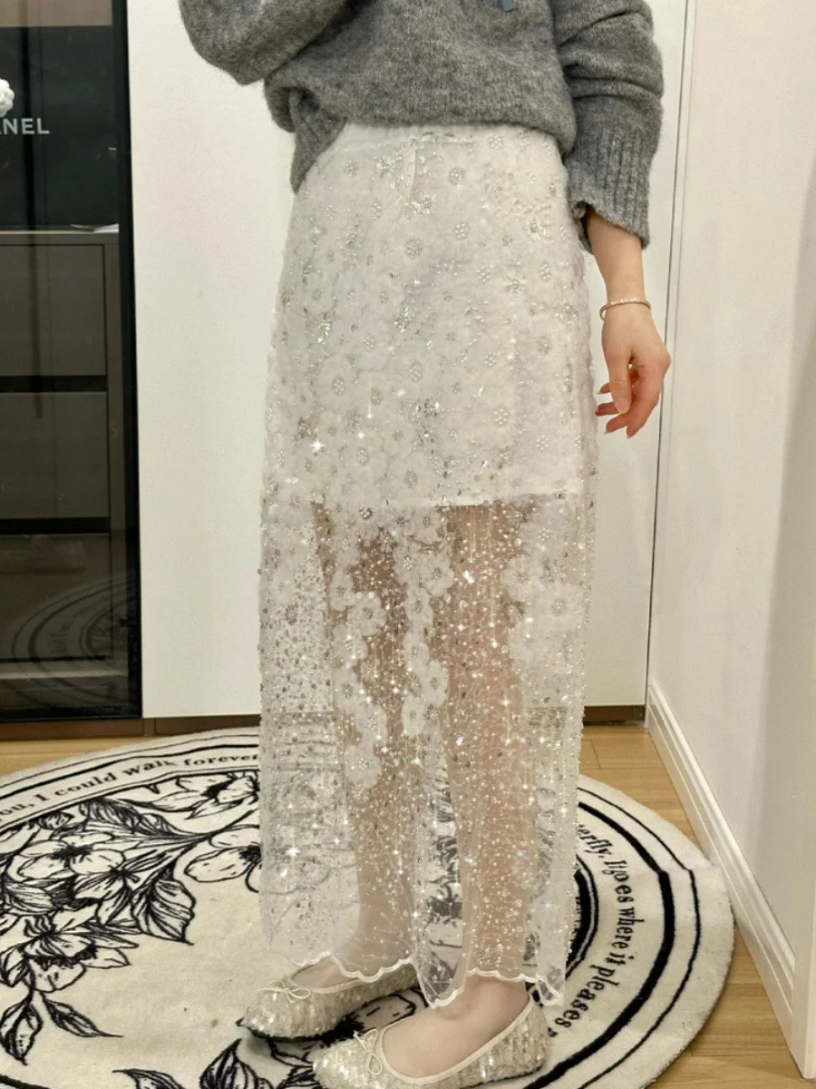 New 2026 White Heavy Embellished Sequin Half Skirt Women's Elegant High-End Feeling Net Straight Long Skirt Commute Style