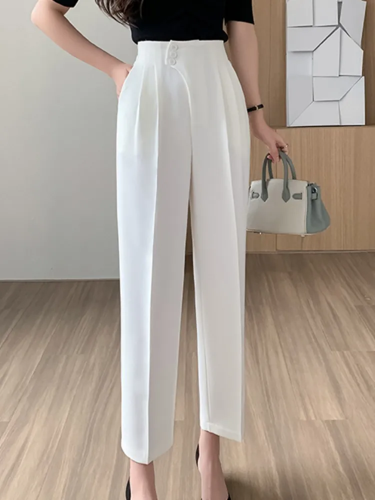 

High Waist Button Korean Style Women's Suit Harem Pants 2023 New Spring Summer Casual Straight Office Ankle Length Trousers