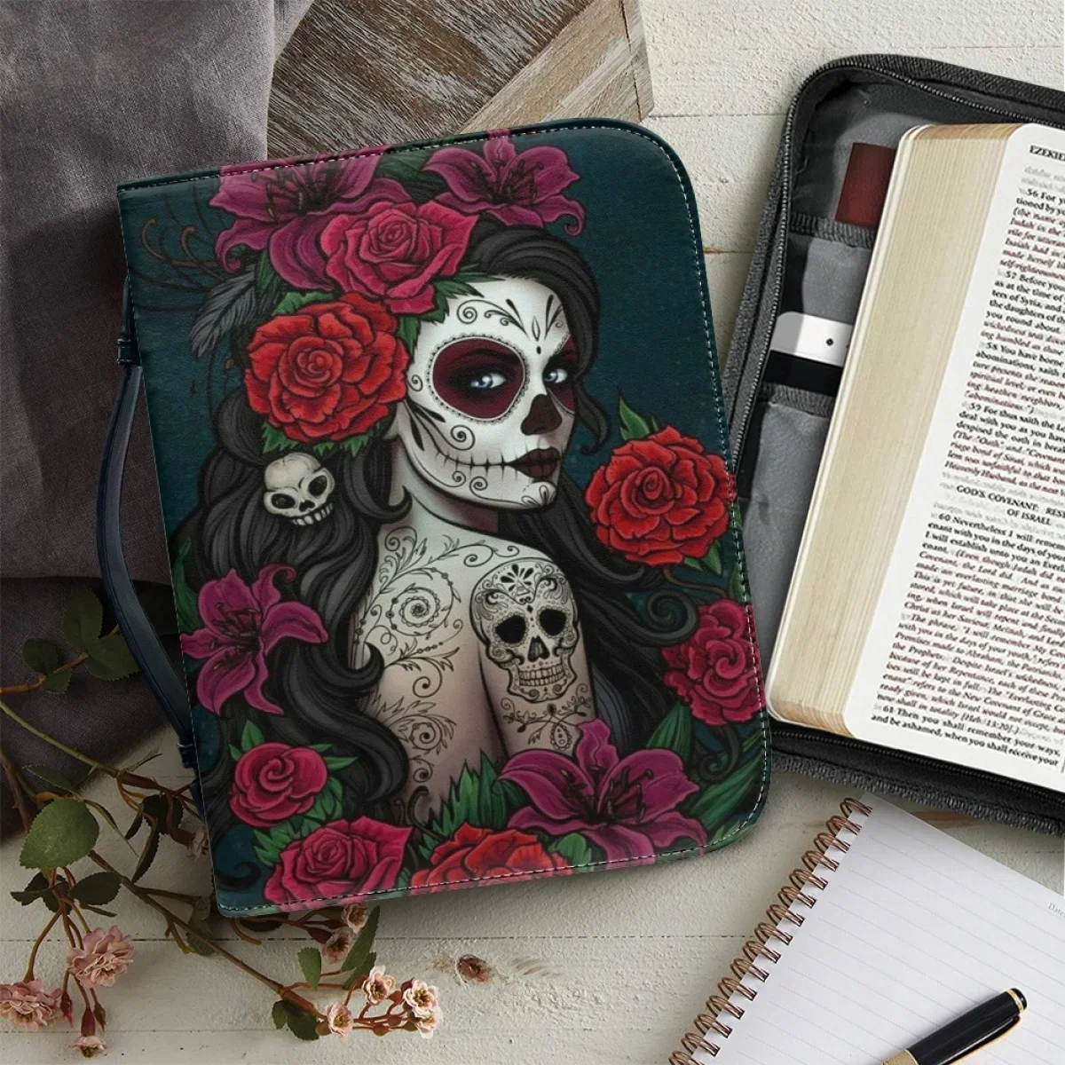 

Classic Gothic Skull Rose Print Handbags for Women Leather Bible Bag Practical Church Bible Storage Bag Custom Bible Cover Case