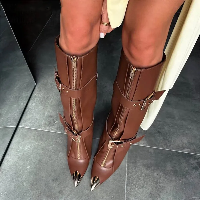 

Street Style Metal Pointed Toe Belt Buckle Knee-High Women Boots Stiletto High Heels Zipper Design Large Size Fashion Shoes