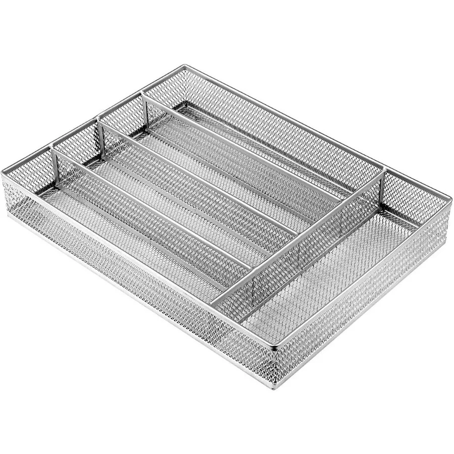 

Drawer Organizer Cutlery Tray Silverware Flatware Storage Divider for Kitchen Mesh Wire with Nonslip Foam Feet 5 Component Silv