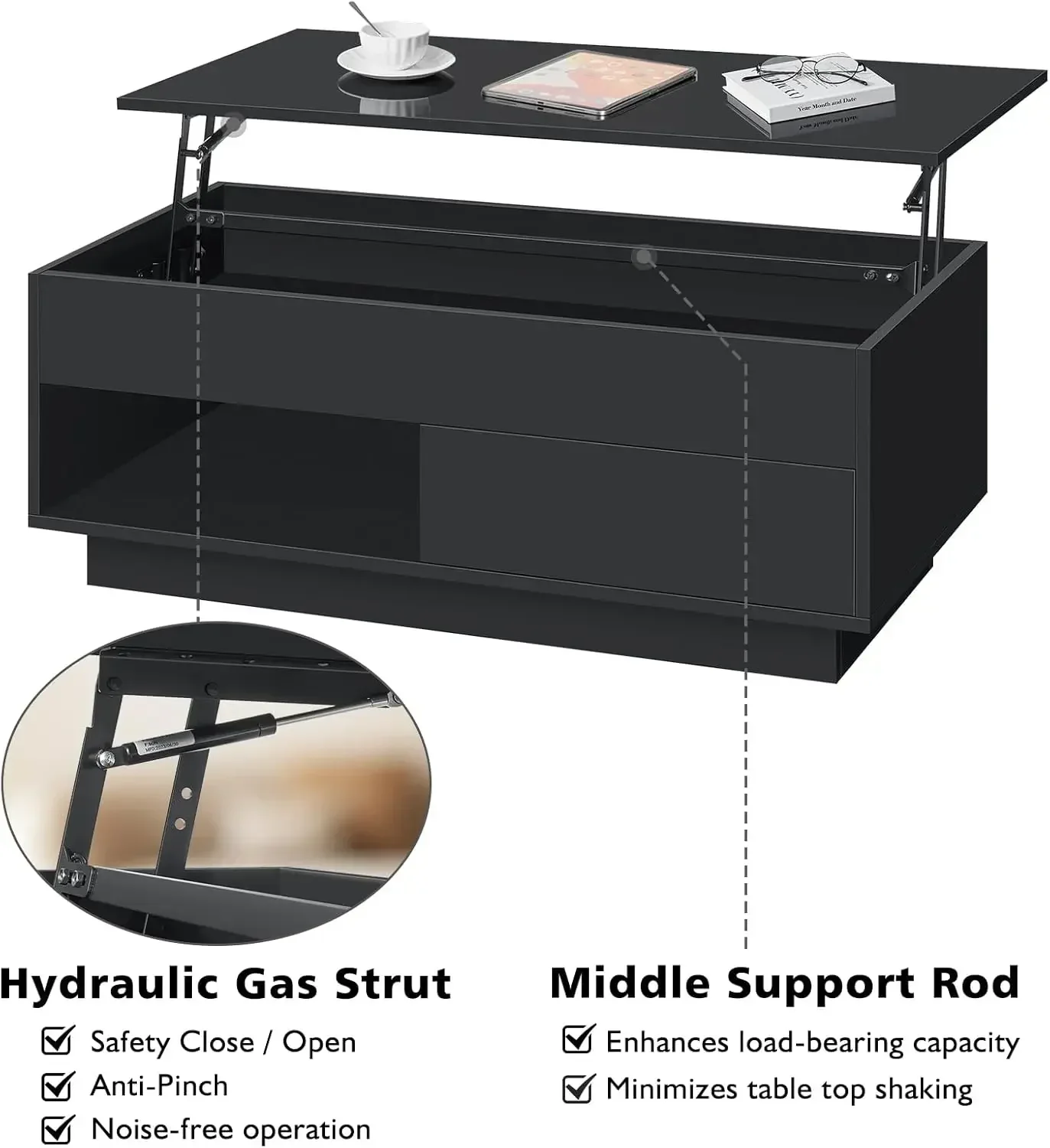 XMSJ-Lift Top Coffee Table dengan Penyimpanan LED Coffee Table Morden High Gloss Ruang Tamu 3 Tingkat Modern Tea Table