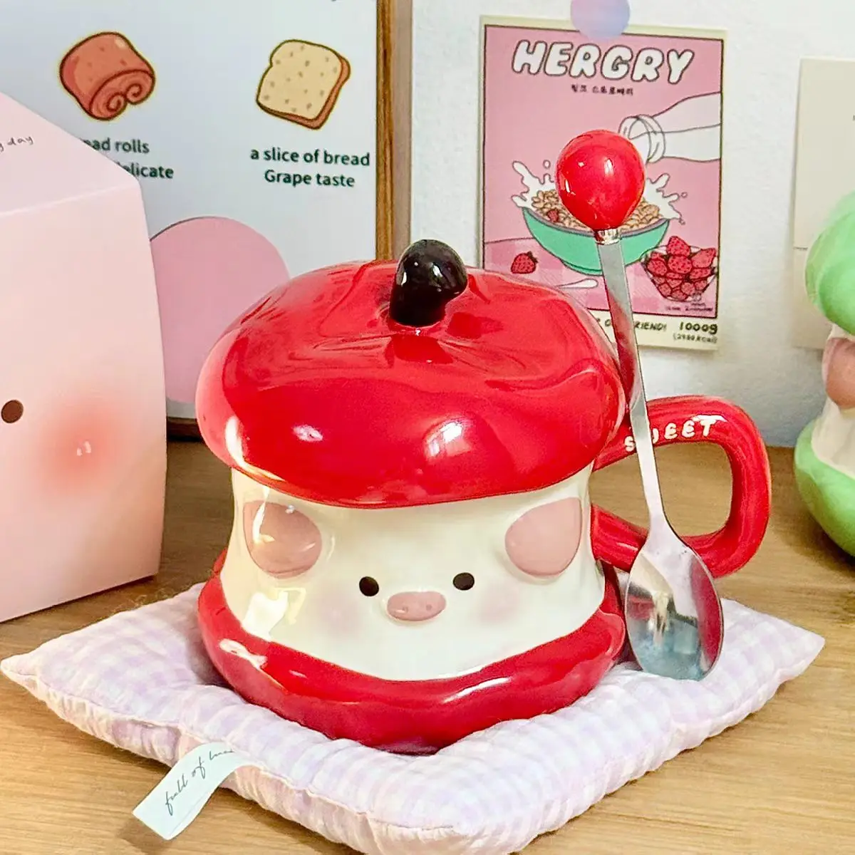 460ml Cartoon Pig Mug Coffee Cup Set with Spoon Ceramic Gift Home Mugs 3D Water Cups Lovers Milk Large Capacity Breakfast Mug
