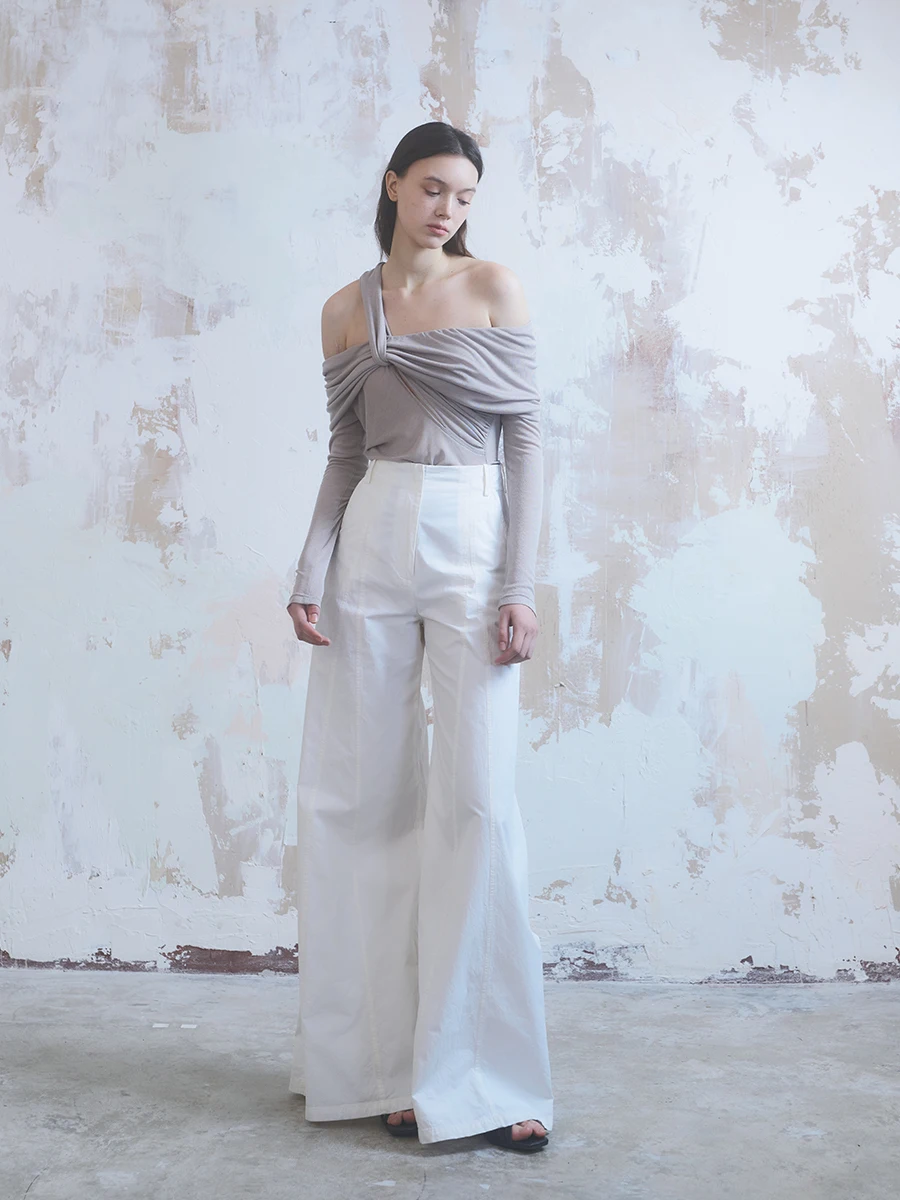 

Eli Atelier, оригинальный дизайн, высокая талия, чистый хлопок, утягивающие прямые брюки с широкими штанинами, простое сращивание, элитное ощущение