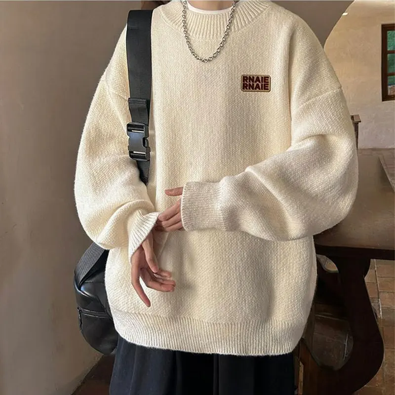 

Young Style Round Neck Pullovers Knitted Autumn Winter Casual Loose Men's Clothing Stylish Letter Patch Designs Basic Sweaters