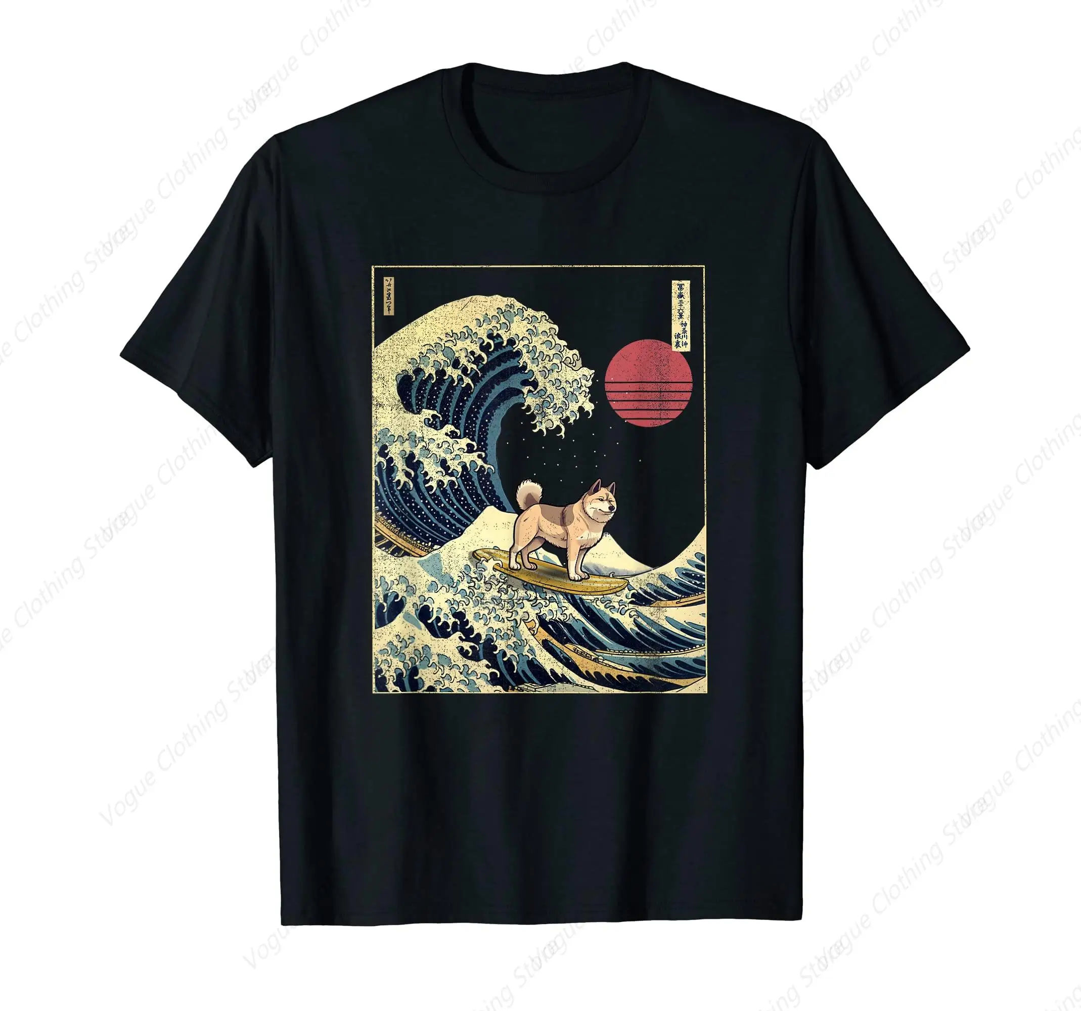 Akita Japanese Kanagawa Wave Funny Surf Dog T-Shirt Sport Tops Gifts Leisure Funny Graphic Short Sleeve Daily Comfortable Tee