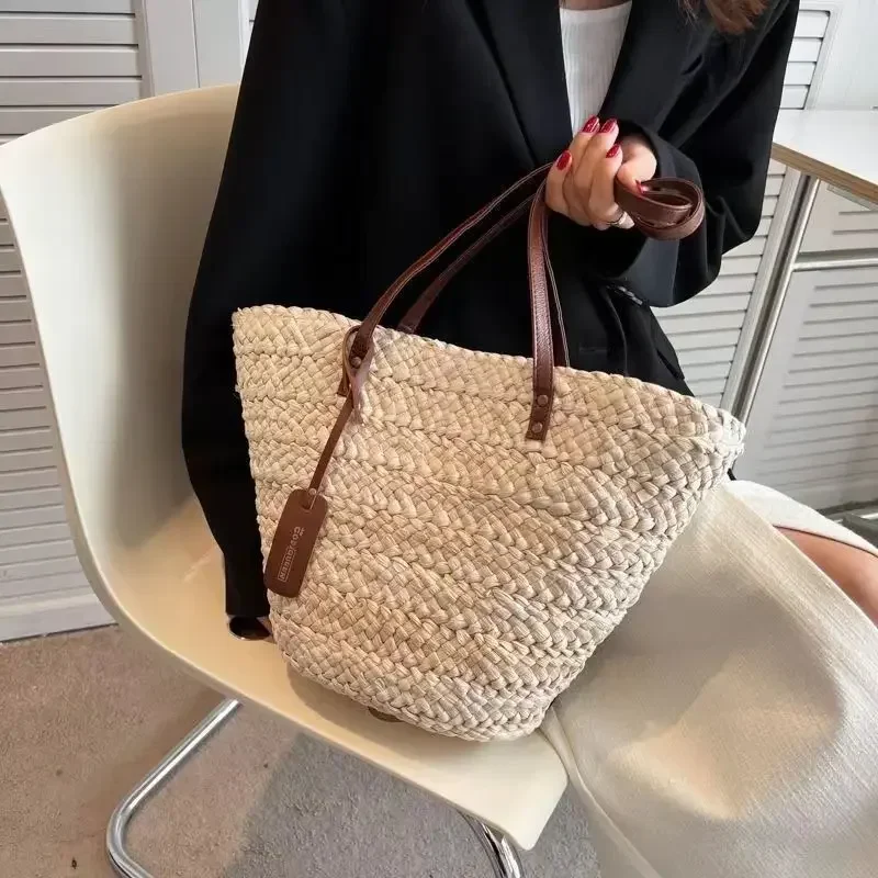 

French style one shoulder large capacity hand-held straw woven bag vegetable basket vacation beach bag woven women's bag