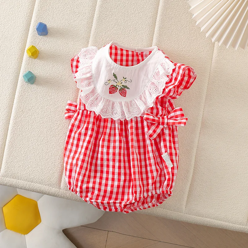 Summer 0-24M Newborn Red Plaid Triangle Romper Girls Lace Collor Strawberry Breathable Soft One Piece Bodysuit Cute Baby Clothes