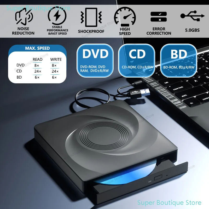 Unidad de Blu-Ray Externa para Laptop, PC con Windows 11/10, Mac, Lector de BD/CD/DVD RW con Bolsa de Almacenamiento, Grabador Portátil