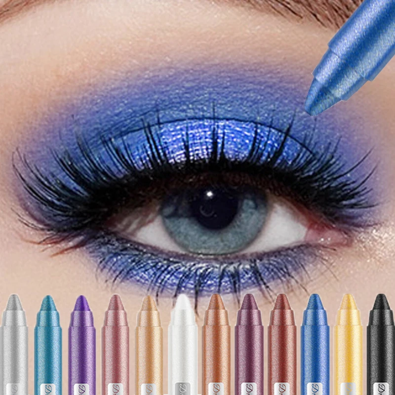 Lápiz de sombra de ojos nacarado azul metálico, duradero, resistente al agua, brillo ahumado, gris, blanco, púrpura, resaltador de sombra de ojos