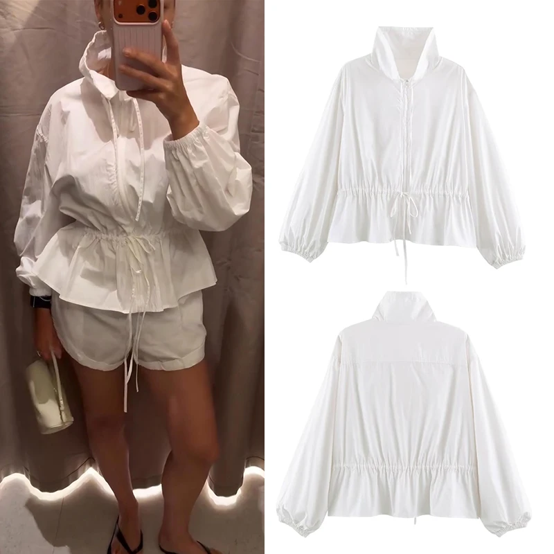 Women's Stand Collar Hooded Jacket, Zip Up Drawstring Waist Long Sleeve Crop Coat, Casual Relaxed Windbreaker