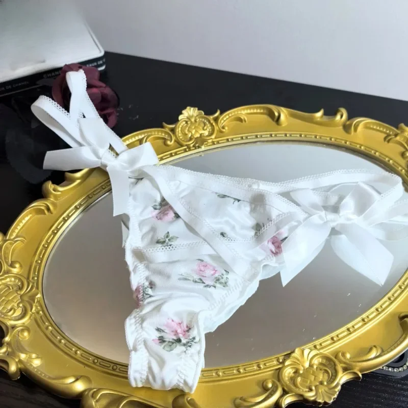 Babados adorável doce menina tanga briefs calcinha de cetim suave floral impresso t-back roupa interior arco cinta cruzada cuecas de cintura baixa