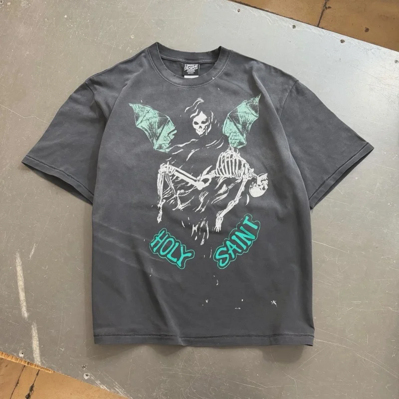 SAINT Evil Bat Skeleton TEE High-Quality Distressed Loose-Fit Crew Neck Black Men's Women's Fashion
