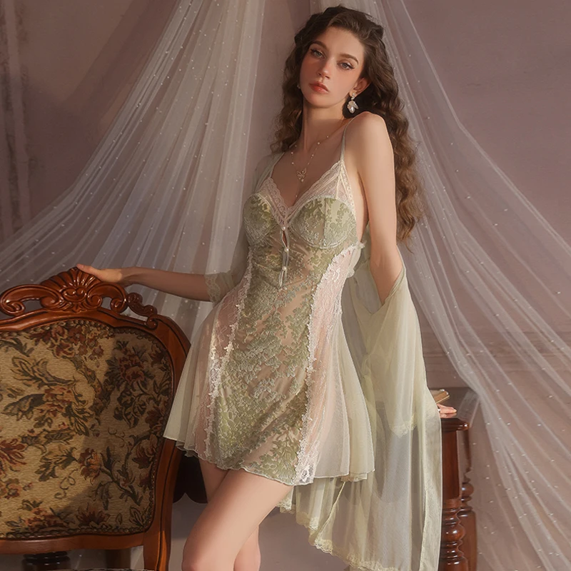 Rose translucide Burn-Out Robe ensemble dentelle femmes Sexy chemise de nuit chemise de nuit dames dos nu Sexy Lingerie sous-vêtements nuisette femme