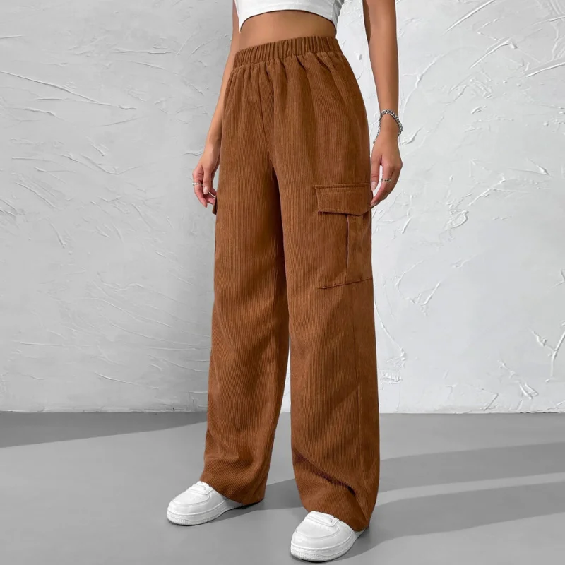 

YQ1-Spring Summer New Women's Loose Elastic Waist Cargo Pants Corduroy Wide-Leg Straight Casual Long Pants