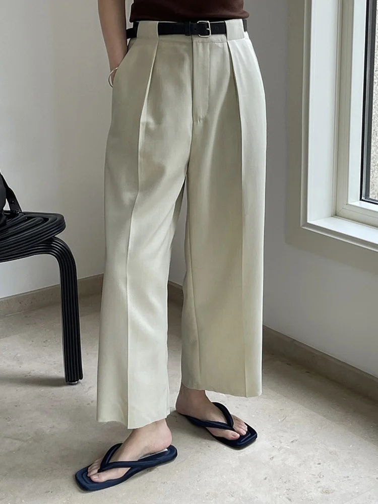 [EAM] High Waist Beige Pleated Casual Casual Long Pants New Loose Fit Trousers Women Fashion Tide Spring Autumn 2024 1DF4478