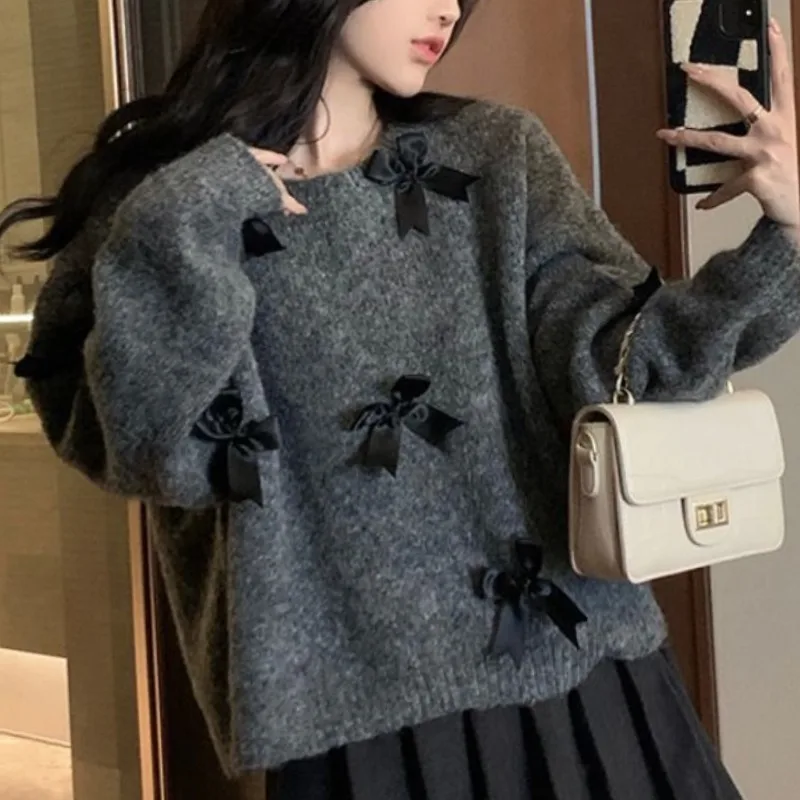 Women\'s Autumn and Winter New Fashion Elegant Round Neck Bow Korean Version Versatile Long Sleeved Loose Sweater Knit Tops