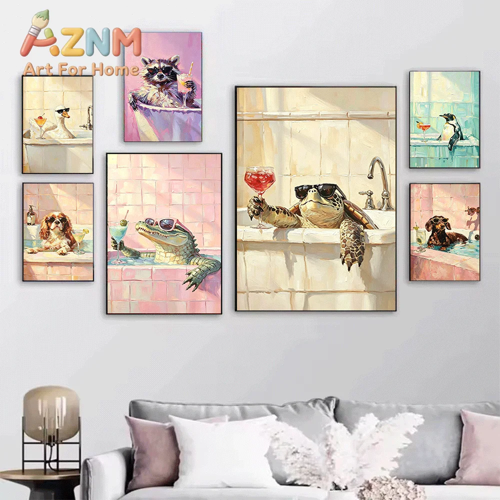Funny Animals Relaxing in Bathtub Canvas Print, Whimsical Creatures With Cocktail Art Poster, Frameless Canvas Wall Picture fo