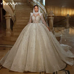 Modest High Collar Long Sleeve Bridal Dress Sparkly Sequins Beads Wedding Gown 2024 Luxury Ball Gown Bride Robe Vestido De Novia
