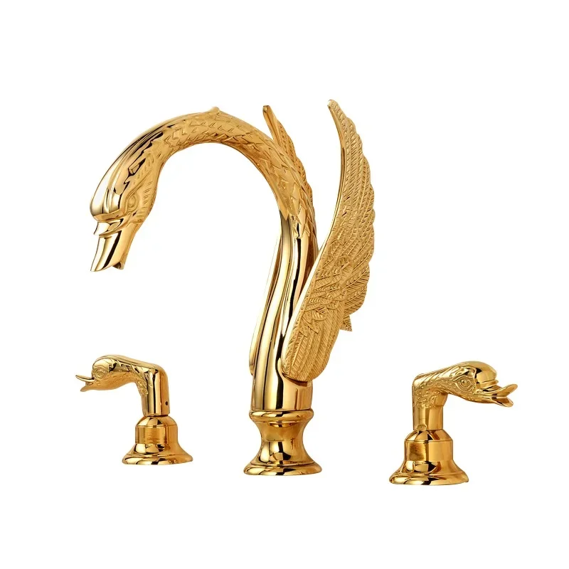 

Three-hole crystal handle swan faucet luxury gold coated washbasin big goose hot and cold bath cabinet faucet