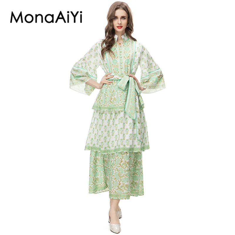 MonaAiYi New Fashion Designer Women's High Collar Pagoda Sleeve Sleeve Detachable Waistband Long Printing Green Dress