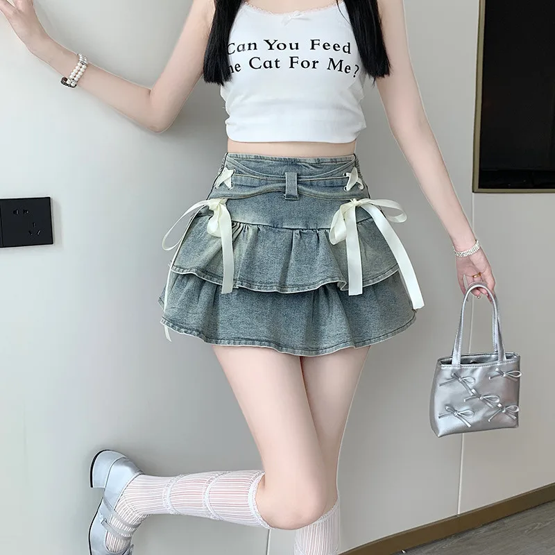

2026 Spice Girl Design Sense Stretch Denim Cake Pleated Skirt