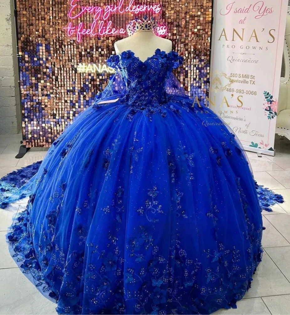 Vestidos de Quinceañera de Charro Azul Real, vestido de baile con hombros descubiertos, perlas florales, vestidos dulces de México 16, 15 años