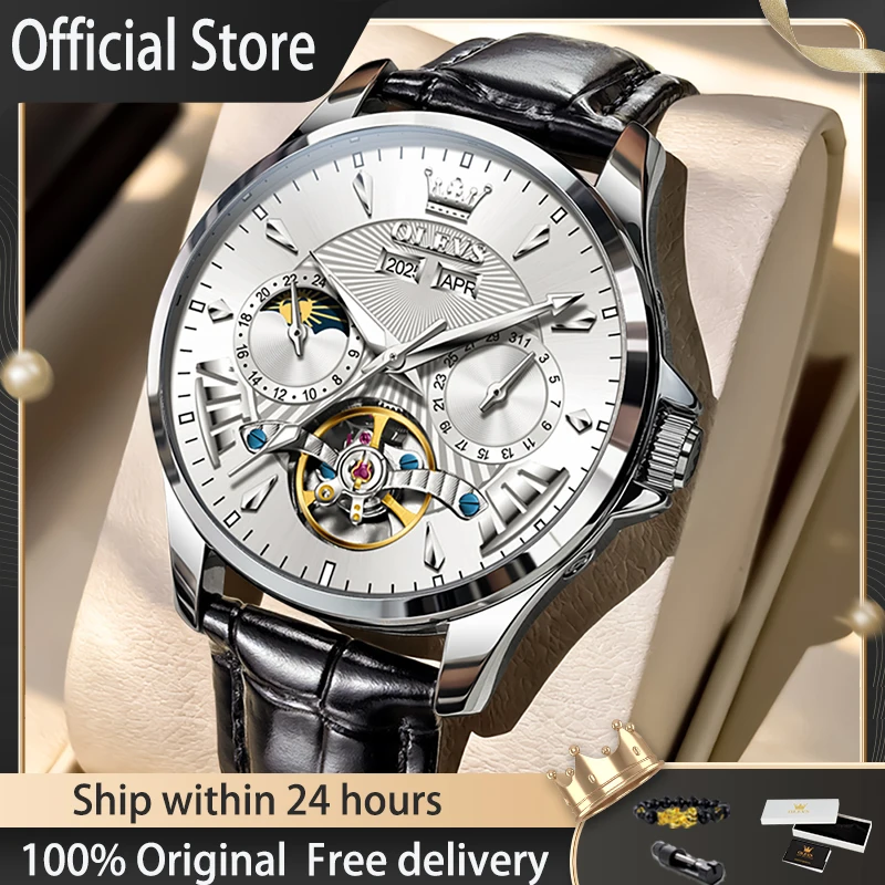 

Мужские часы OLEVS 7103, классические, скелетонизированные, механические, водонепроницаемые, с указателем фаз луны, в подарочной коробке.