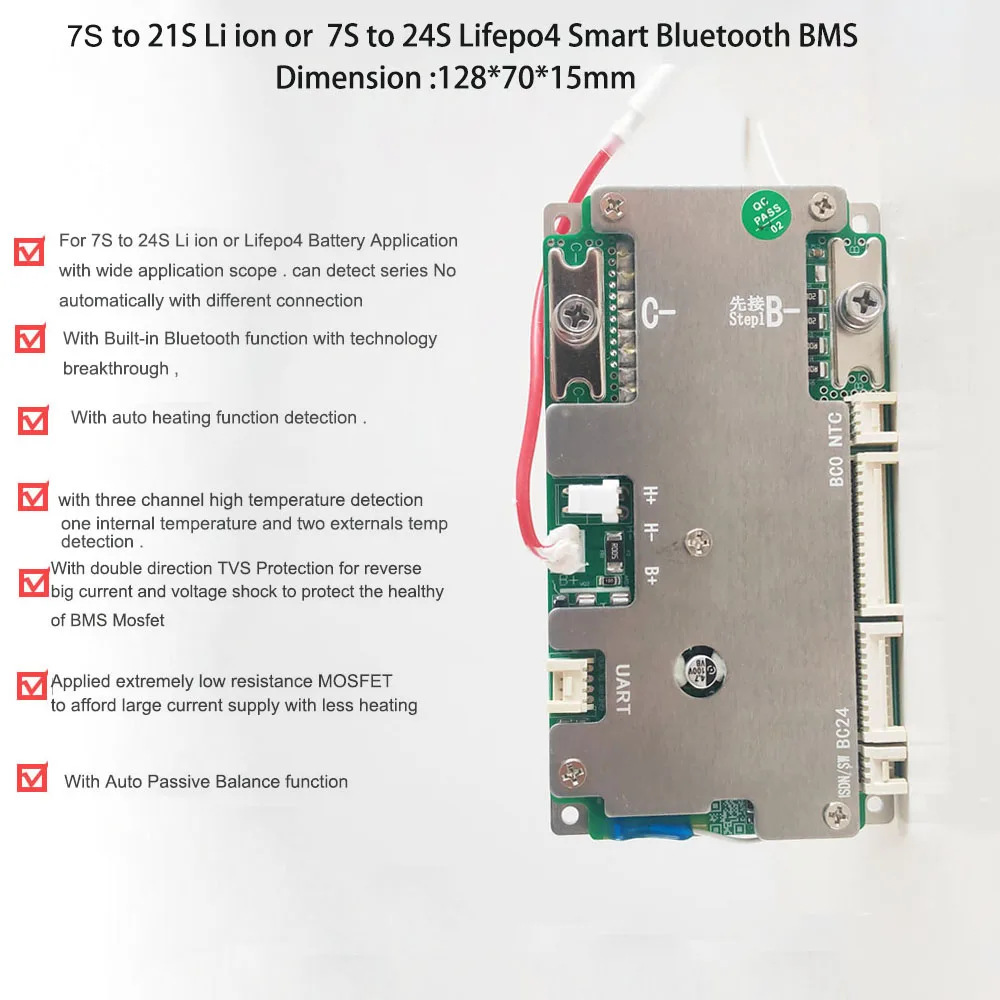 7S 8S 9S 10S 12S 13S 14S 15S 16S 20S  24S 24V 48V 60V 72V Li ion or Lifepo4  smart Bluetooth BMS with 100A constant current LFP