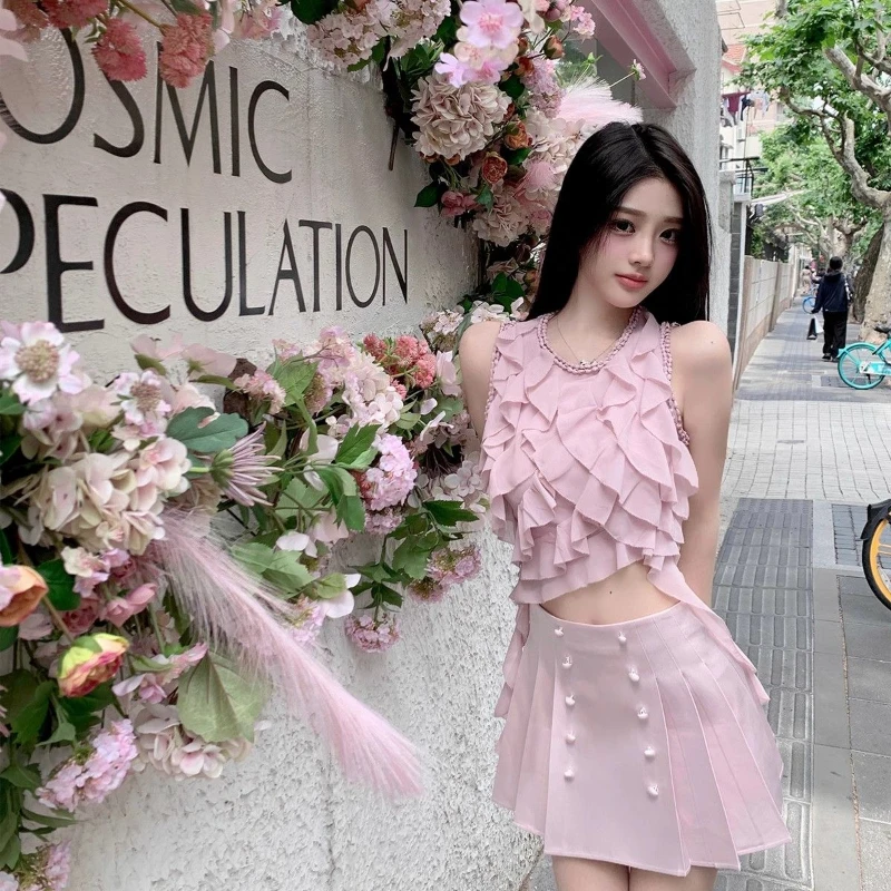 

2025 Spring and Summer Heavy Industry Irregular Lace Blouse Chiffon Blouse Pleated Skirt Women's Suit