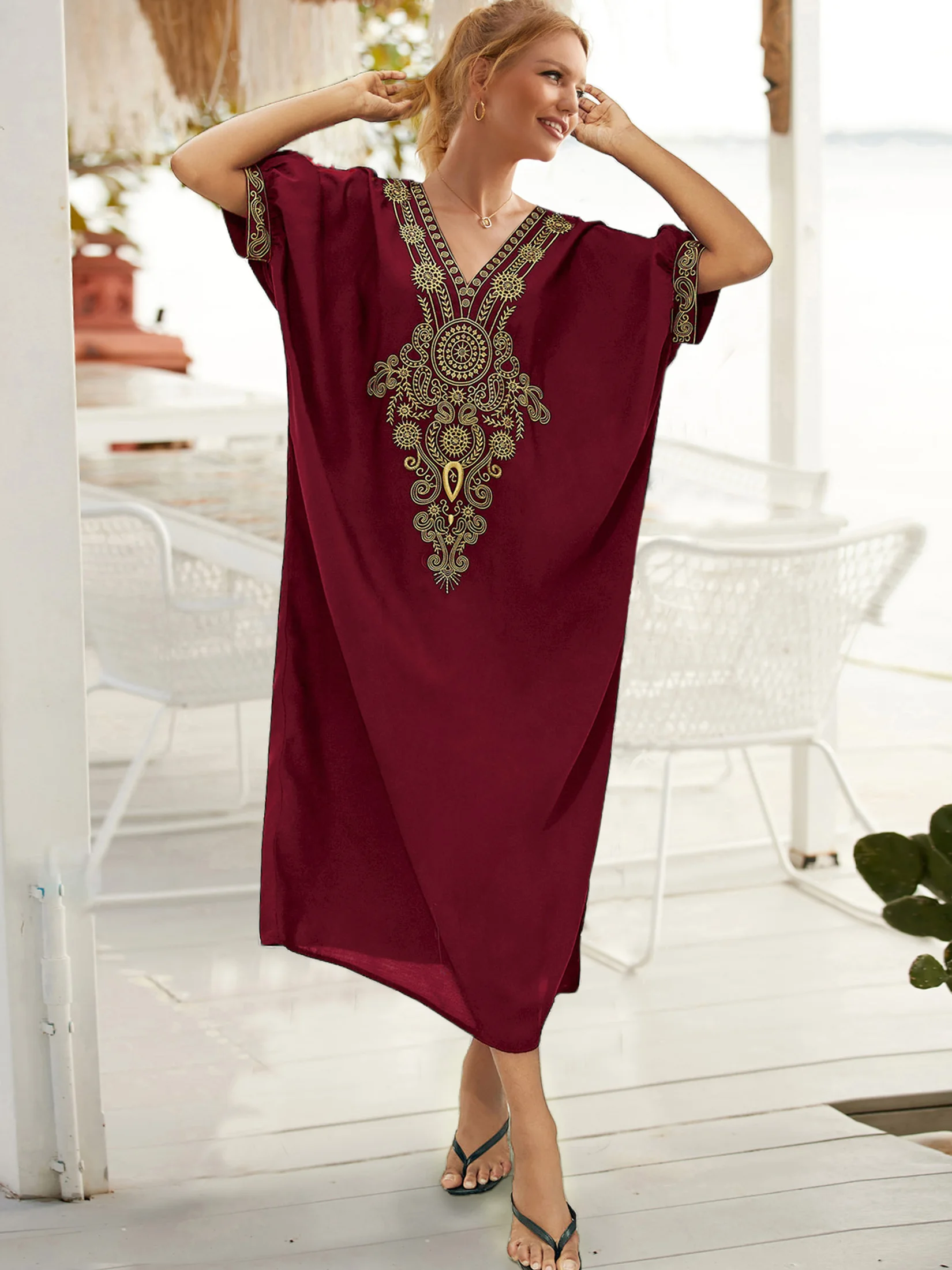 Bohemian Plus Size Embroidered Kaftan V-neck Puff Sleeve Casual House Dress 2024 Women Summer Beachwear Swimsuit Cover-ups Q1581