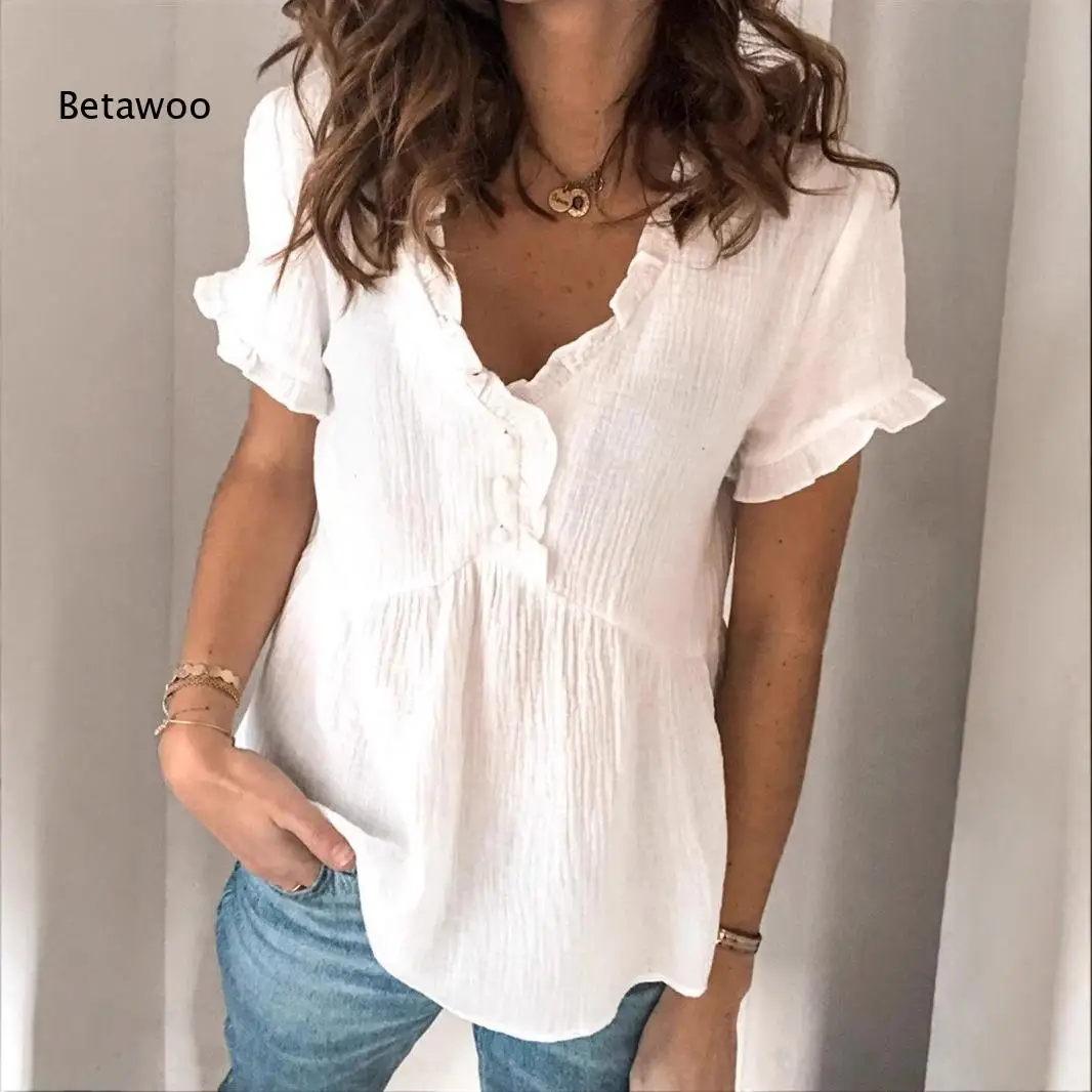 Women White Ruffle V Neck Babydoll Blouse Crinkle Textured Short Ruffle Sleeve Half Button Loose Casual Summer Top